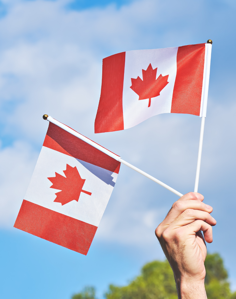 Holding Canadian flags Long